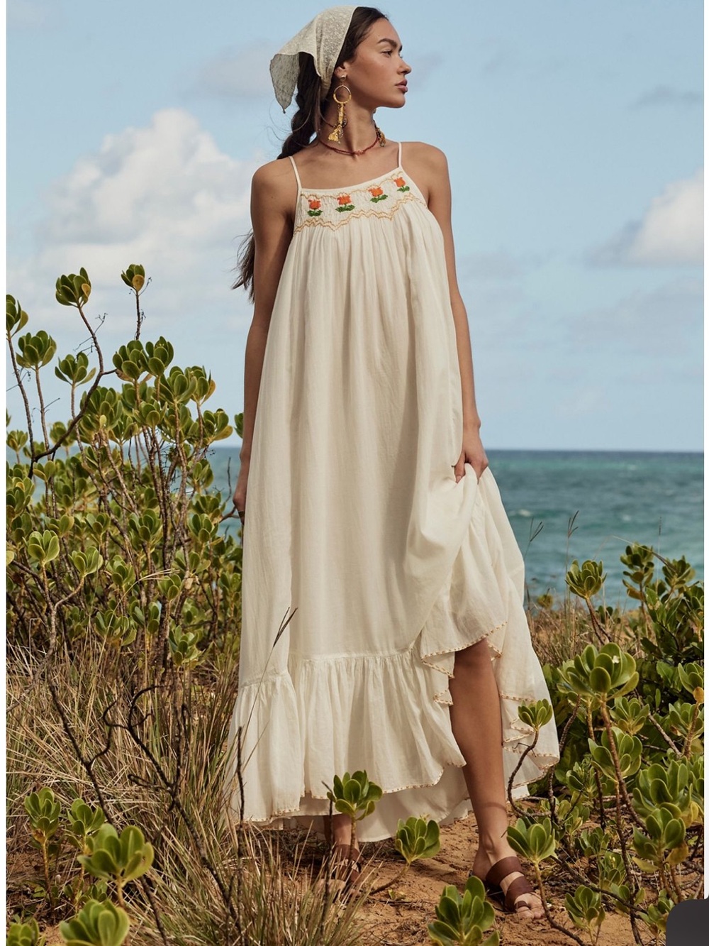 Free People Cream Embroidered Maxi Tip Toeing Tulips Dress M